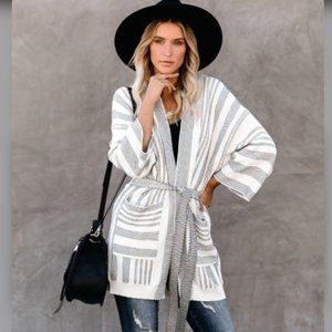 Vici Uphill Striped Pocketed Tie Cardigan